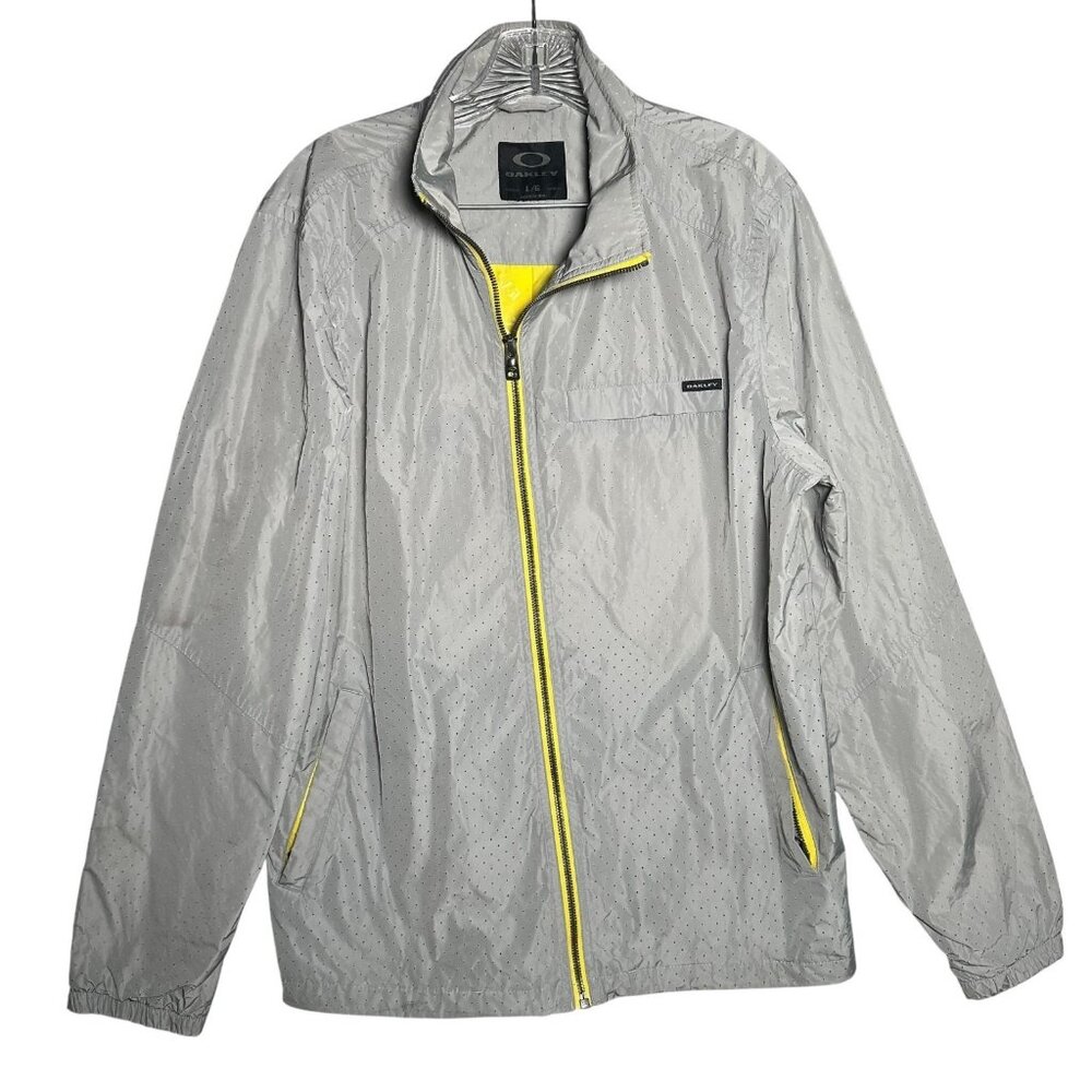 Oakley Large Men Jacket Light Gray Vented Lined Full Zip Lightweight Windbreaker